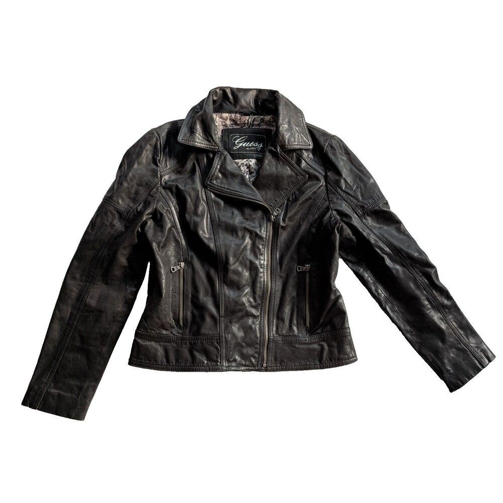 Vintage Guess Genuine Leather Jacket Distressed Black Moto Woman’s L Elbow Patch